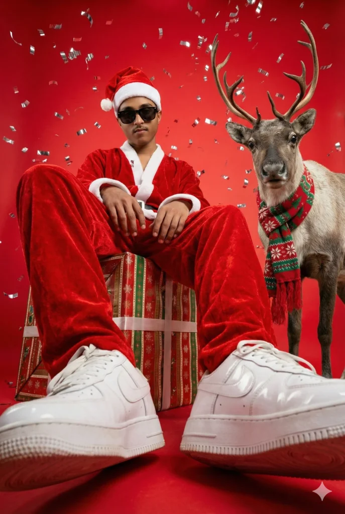 A stylish Santa-themed young man pointing at the camera while standing next to a reindeer, with confetti falling, made for trending Christmas AI photo editing Prompt 2025
