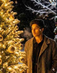 Boy standing near a glowing Christmas tree edited using Google Gemini Christmas AI Photo Editing Prompts for Boys.