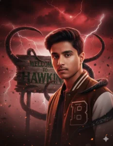 A boy standing near the “Welcome to Hawkins” sign with monster tentacles behind him, generated with Trending Gemini AI Stranger Things Season 5 Photo Prompt.