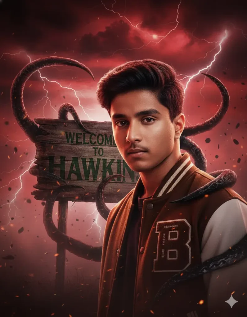 A boy standing near the “Welcome to Hawkins” sign with monster tentacles behind him, generated with Trending Gemini AI Stranger Things Season 5 Photo Prompt.