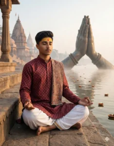Young man meditating at the temple ghat with giant Namaste sculptures using the Gemini Kashi Vishwanath Temple AI Photo Prompt