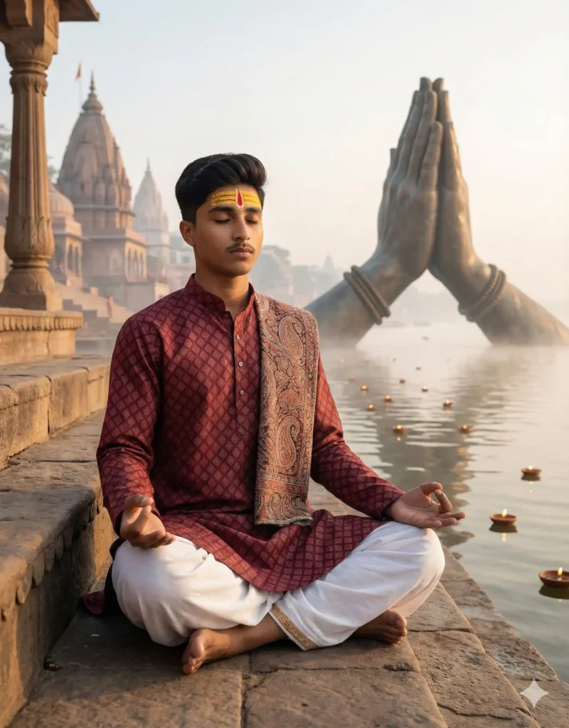 Young man meditating at the temple ghat with giant Namaste sculptures using the Gemini Kashi Vishwanath Temple AI Photo Prompt