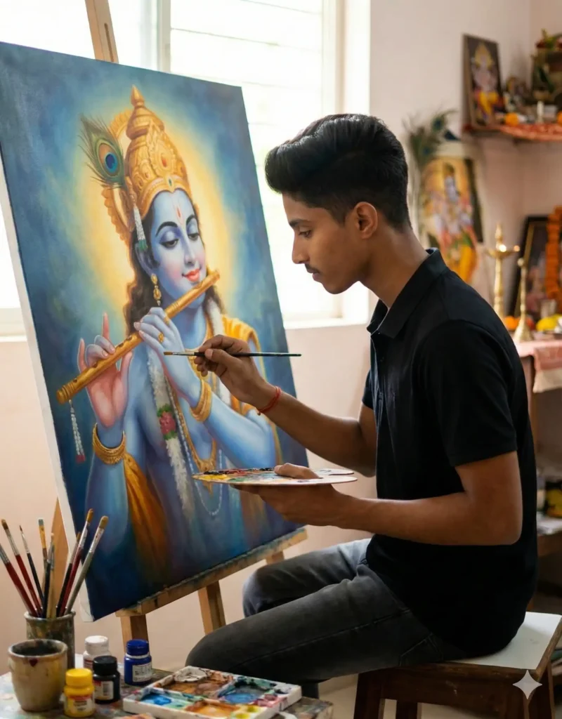 Young artist painting a devotional Krishna portrait in the Gemini Hindu God Painting AI Photo Editing Prompt style. Scipuz