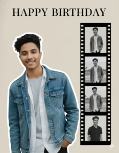 Film strip birthday boy portrait with denim jacket created using gemini birthday AI photo Prompt for boy.