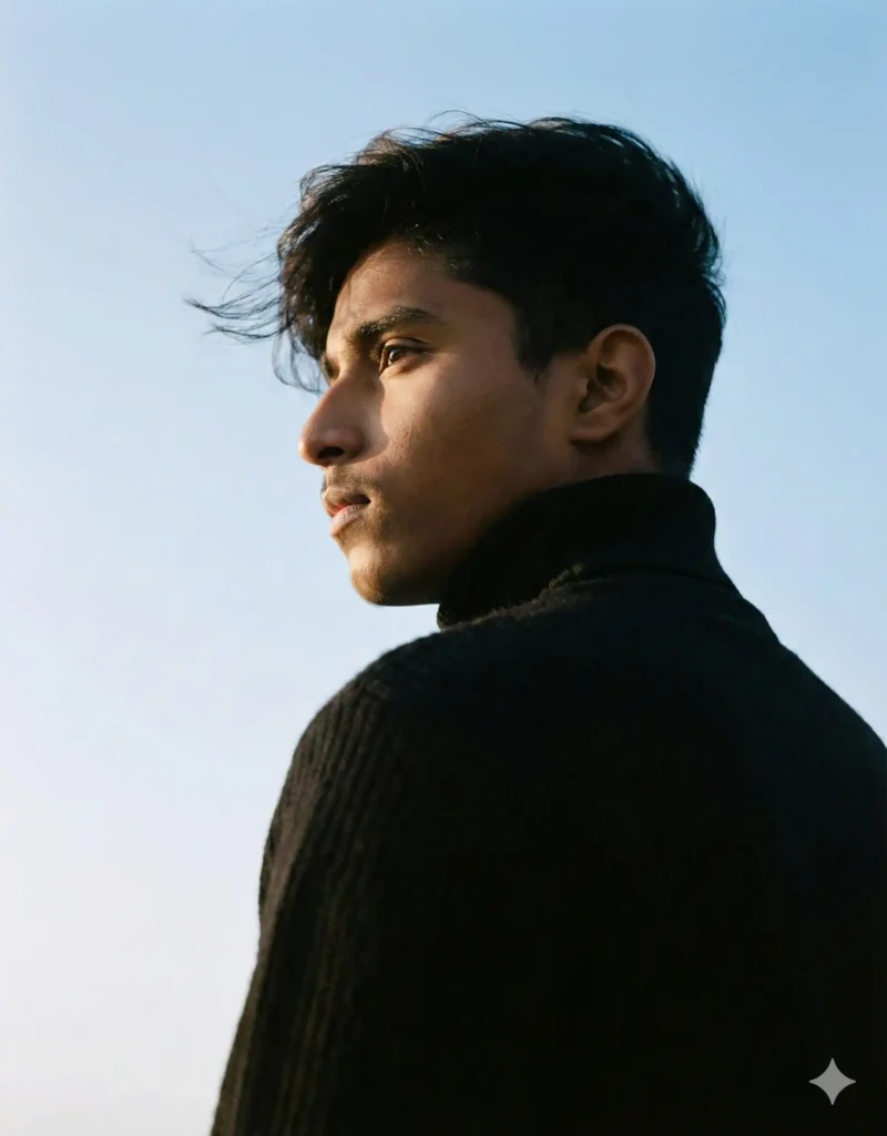 Aesthetic boy portrait in black turtleneck with dramatic lighting, minimal background, cinematic Gemini style