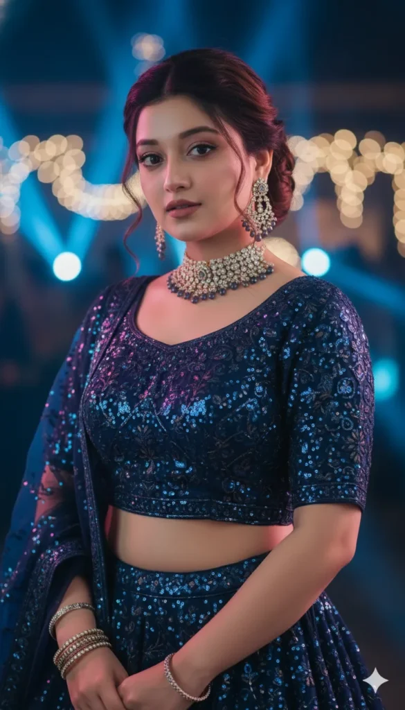 “Navy blue night-time bridal portrait with cinematic lighting created using Gemini AI Wedding Photo Prompt.”