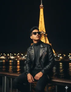 Google Gemini Cinematic Night Travel Portrait AI Photo Prompt featuring confident travel portrait with Eiffel Tower night background