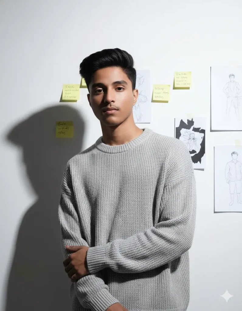 Clean studio aesthetic portrait of a boy in a gray sweater using the 5 Gemini AI aesthetic photo Prompt