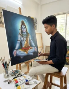 Young artist painting Lord Shiva in a meditative pose using the Gemini Hindu God Painting AI Photo Editing Prompt technique. Scipuz