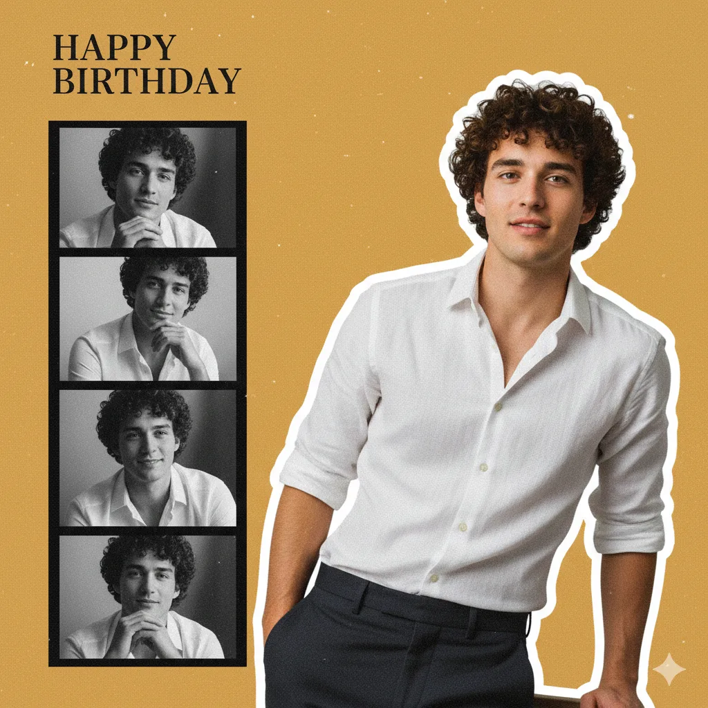 Happy birthday aesthetic boy portrait collage – created using gemini birthday AI photo Prompt for boy.