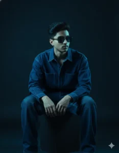 Boy sitting in dark aesthetic studio style created using Google Gemini Aesthetic Photo Editing Prompts