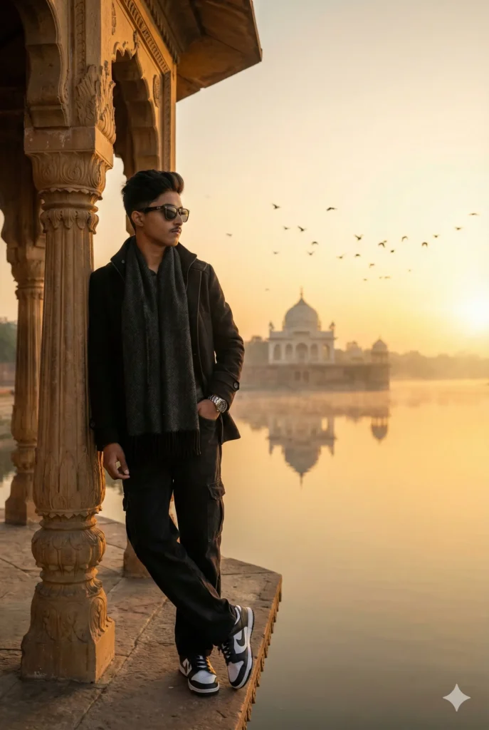 Boy standing near pillar with Taj Mahal in background at golden hour using New Gemini AI Photo Prompt For Boy 2025