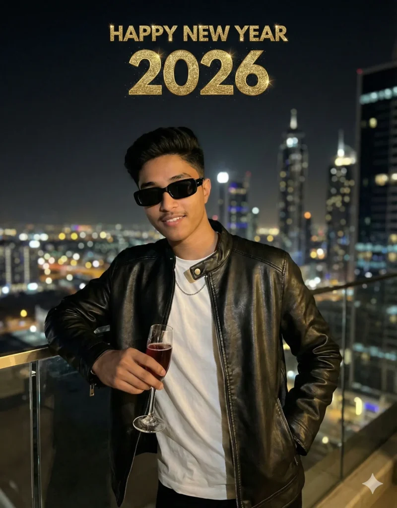 Young man wearing a black leather jacket on a rooftop celebrating under “Happy New Year 2026,” designed using Google Gemini AI New Year 2026 Photo Editing Prompt