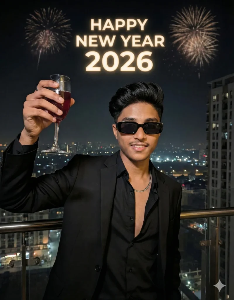Young man in a black suit raising a toast with fireworks behind him and “Happy New Year 2026” glowing above, created with Google Gemini AI New Year 2026 Photo Editing Prompt