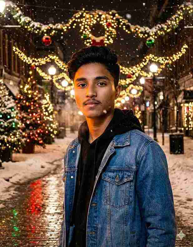 Boy standing in a snowy Christmas street with golden festive lights, created using Google Gemini Christmas AI Photo Editing Prompts for Boys.