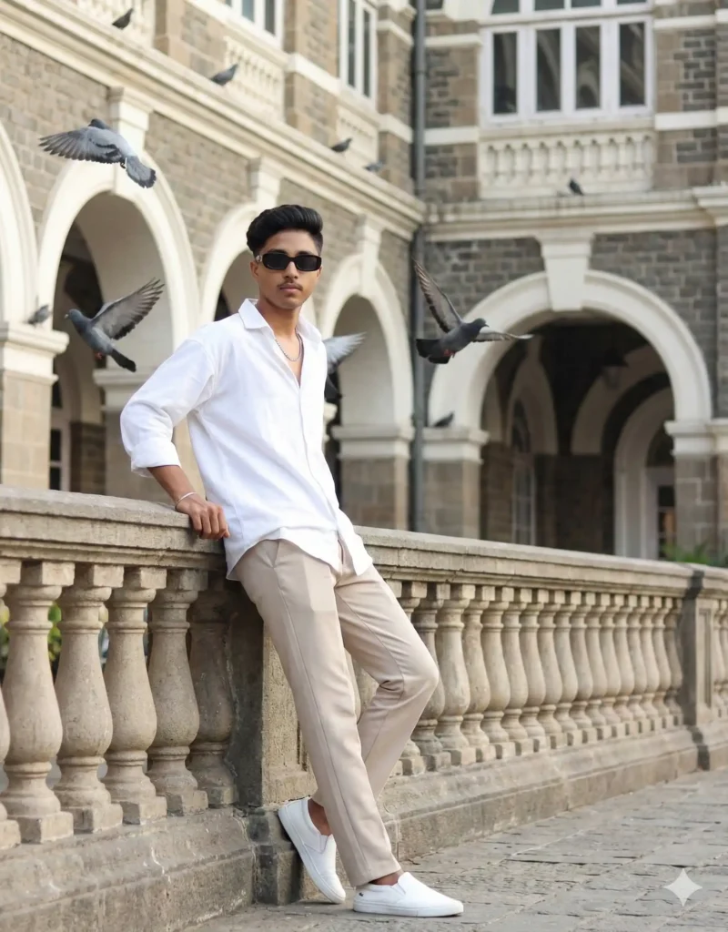 Young boy wearing a white shirt and cream trousers leaning on railing with pigeons flying – classy look for 5 Gemini AI Photo Editing Prompts for Boys 2025.