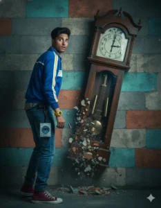 A boy in a vintage jacket standing near a collapsing grandfather clock, inspired by Trending Gemini AI Stranger Things Season 5 Photo Prompt.