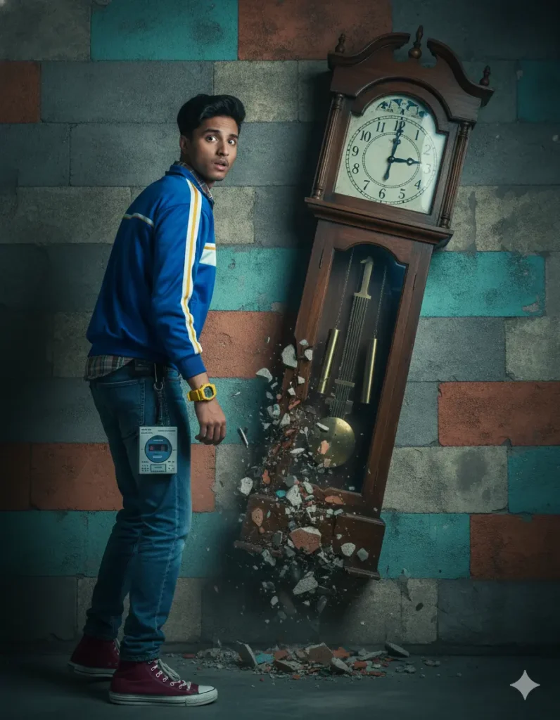 A boy in a vintage jacket standing near a collapsing grandfather clock, inspired by Trending Gemini AI Stranger Things Season 5 Photo Prompt.