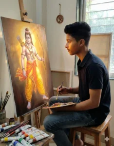 Artist painting Lord Ram in golden tones inspired by the Gemini Hindu God Painting AI Photo Editing Prompt. Scipuz
