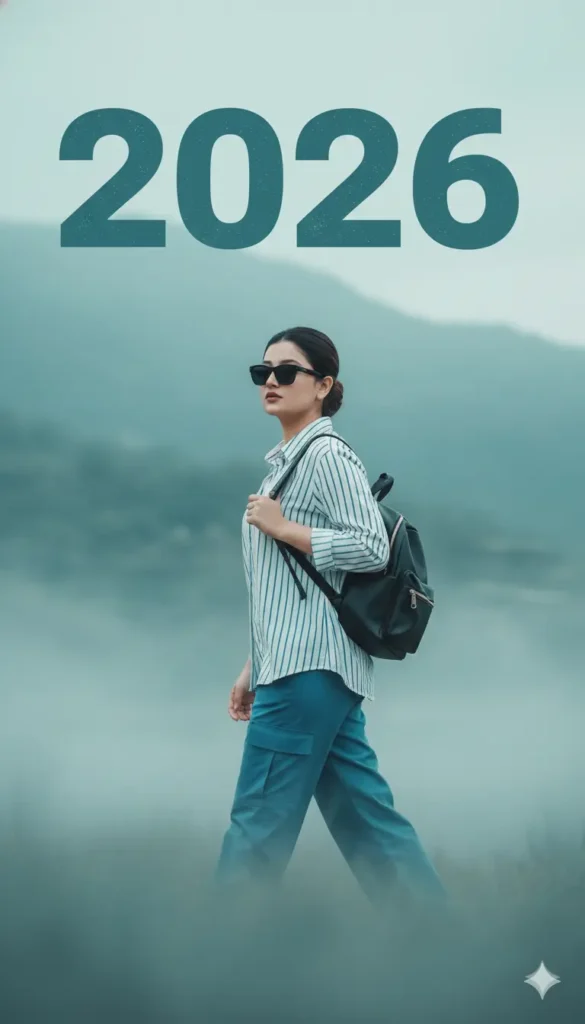 Stylish Indian girl walking confidently with a black backpack in a misty teal landscape wearing sunglasses and striped shirt, New Year Gemini AI Photo Prompt 2026 typography above.