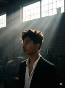 A boy walking in an abandoned warehouse with dust and sunlight beams, wearing a trench coat, reflecting the top 5 Gemini AI photo prompt for boy.