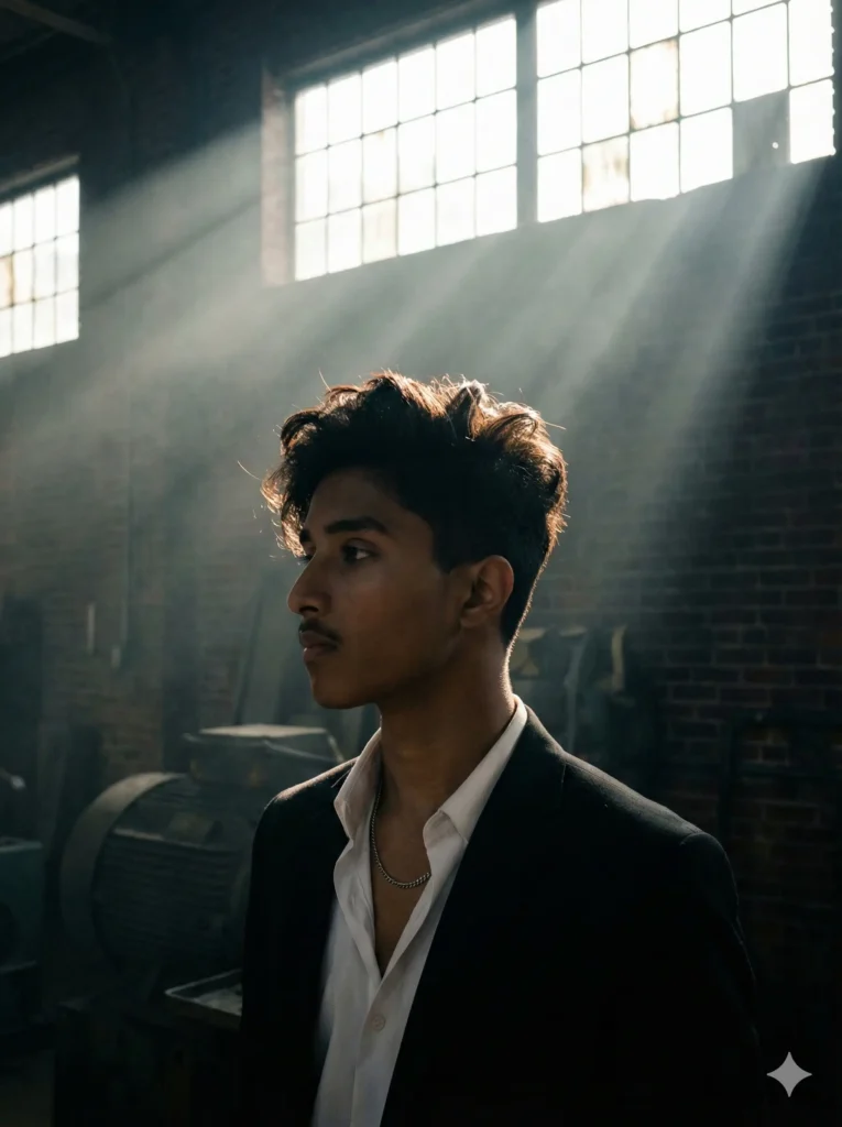 A boy walking in an abandoned warehouse with dust and sunlight beams, wearing a trench coat, reflecting the top 5 Gemini AI photo prompt for boy.