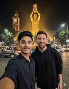 Gemini Lionel Messi Photo Editing Prompts selfie with Messi at night near golden statue