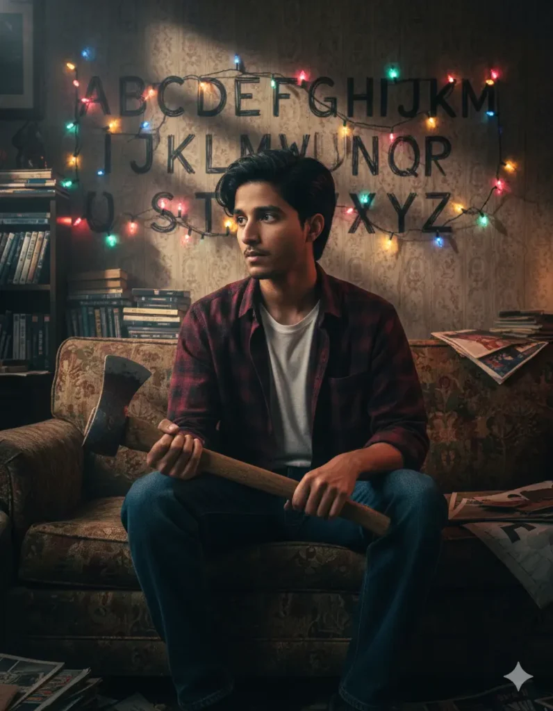 A boy blindfolded with an American flag sitting in front of Eggo boxes, made using Trending Gemini AI Stranger Things Season 5 Photo Prompt.