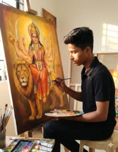 Artist working on a Durga Maa painting with vibrant tones inspired by the Gemini Hindu God Painting AI Photo Editing Prompt. Scipuz