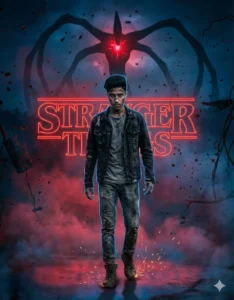 A young man standing in front of the red Stranger Things neon logo with a large shadow monster behind him, created using Google Gemini Stranger Things AI Photo Prompt
