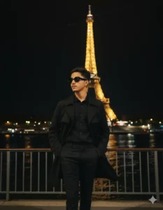 Google Gemini Cinematic Night Travel Portrait AI Photo Prompt full body night travel portrait near Eiffel Tower