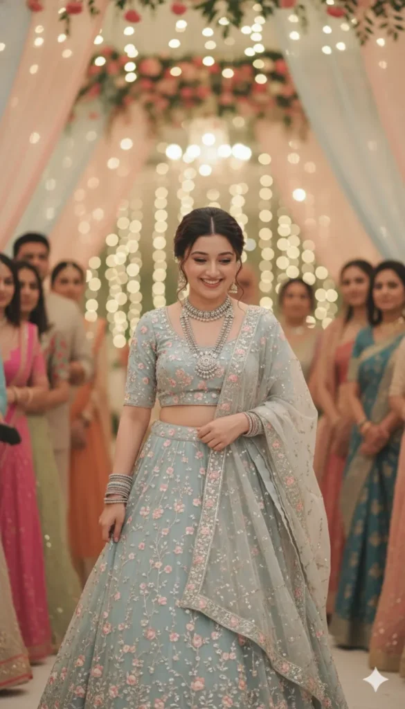 “Pastel blue lehenga bridal portrait with wedding guests behind, created using Gemini AI Wedding Photo Prompt.”