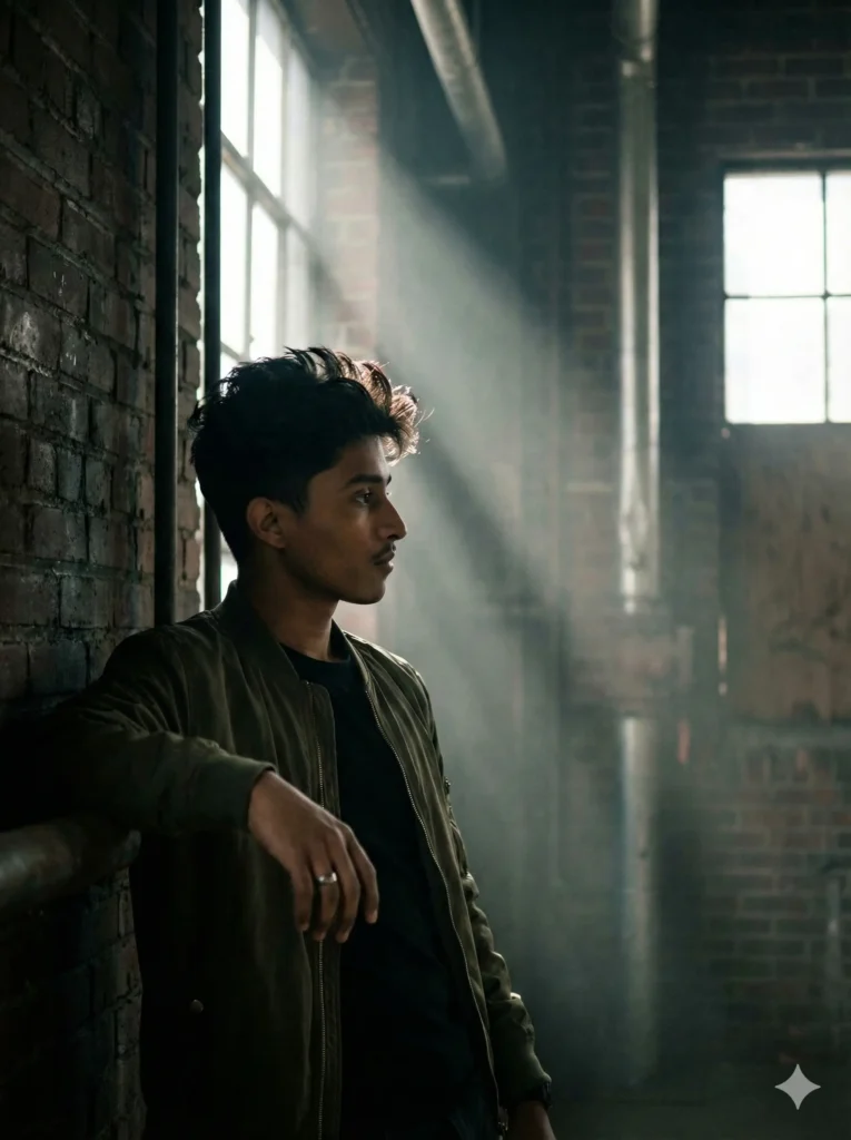 A stylish boy wearing a beige trench coat standing in a dusty, cinematic warehouse with dramatic lighting, matching the top 5 Gemini AI photo prompt for boy