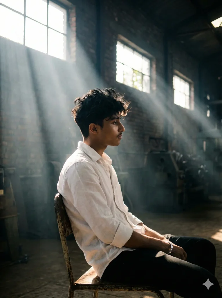 A boy leaning against a brick wall with sunlight rays behind him, dramatic and cinematic style following the top 5 Gemini AI photo prompt for boy.