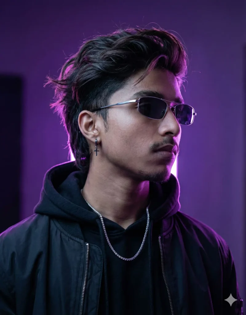 Purple neon moody portrait created using Google Gemini AI Moody Style Photo Prompt For Boy