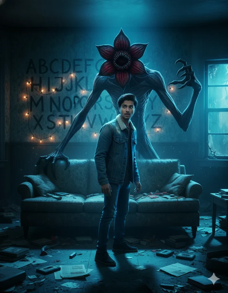 A boy standing in a dark Stranger Things–style room with a Demogorgon behind him, created using Trending Gemini AI Stranger Things Season 5 Photo Prompt.