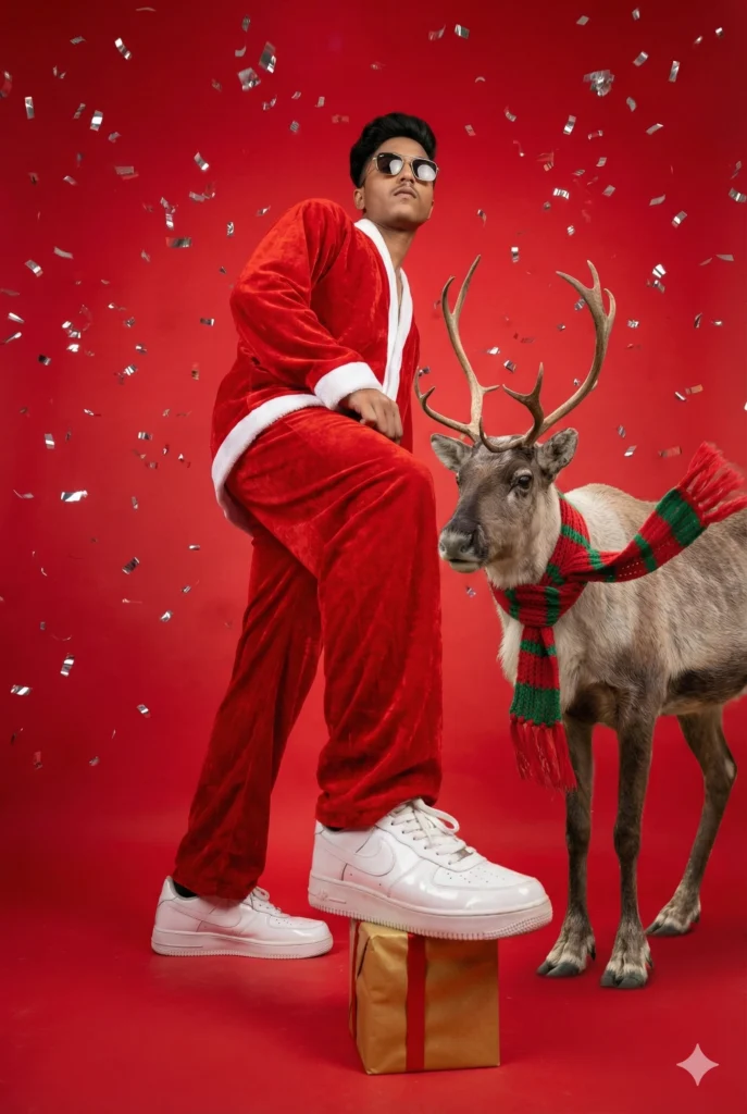 A young man in a red Santa suit posing confidently with a reindeer beside him, shot in a low-angle festive setup with falling confetti, created for trending Christmas AI photo editing Prompt 2025