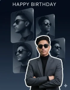 Dark blue cinematic birthday boy edit with multiple reflective portrait frames using gemini birthday AI photo Prompt for boy.