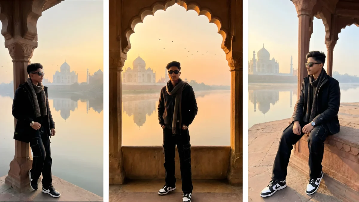 Stylish boy posing near Taj Mahal at sunrise using New Gemini AI Photo Prompt For Boy 2025
