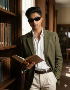 Aesthetic photo editing prompts for boys showing a stylish young man in vintage blazer outfit with cinematic lighting