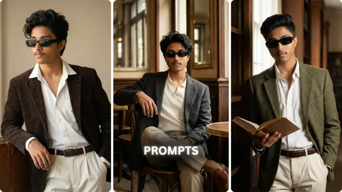 Aesthetic photo editing prompts for boys showing a stylish young man in vintage blazer outfit with cinematic lighting
