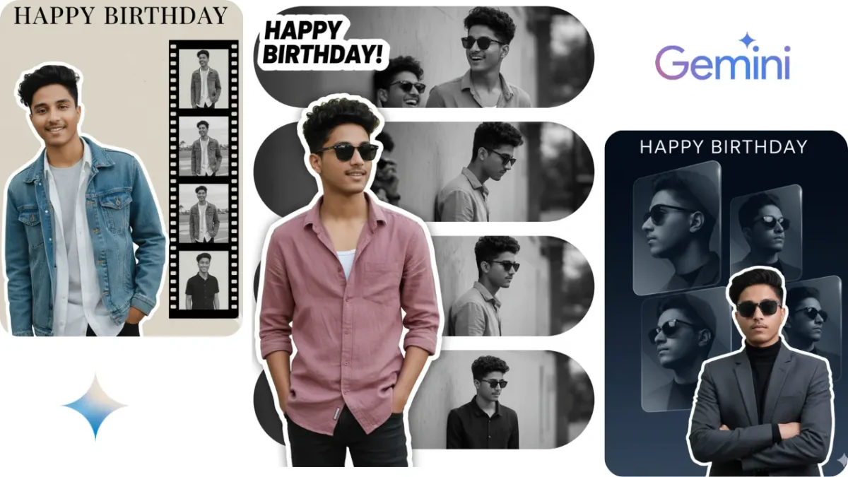 Gemini AI birthday photo collage with multiple layouts for boys created using gemini birthday AI photo Prompt for boy.