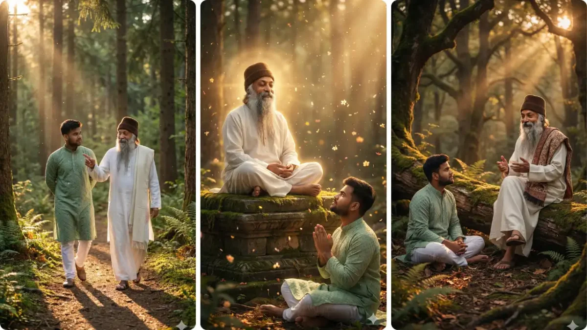Three-photo collage of spiritual portraits created with Google Gemini Osho AI Photo Editing Prompt, showing forest walk, meditation, and teaching moments, Osho Photo Prompt, Scipuz