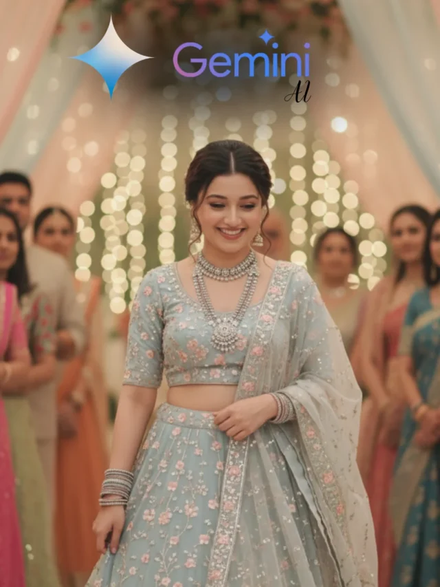 “Pastel blue lehenga bridal portrait with wedding guests behind, created using Gemini AI Wedding Photo Prompt.”