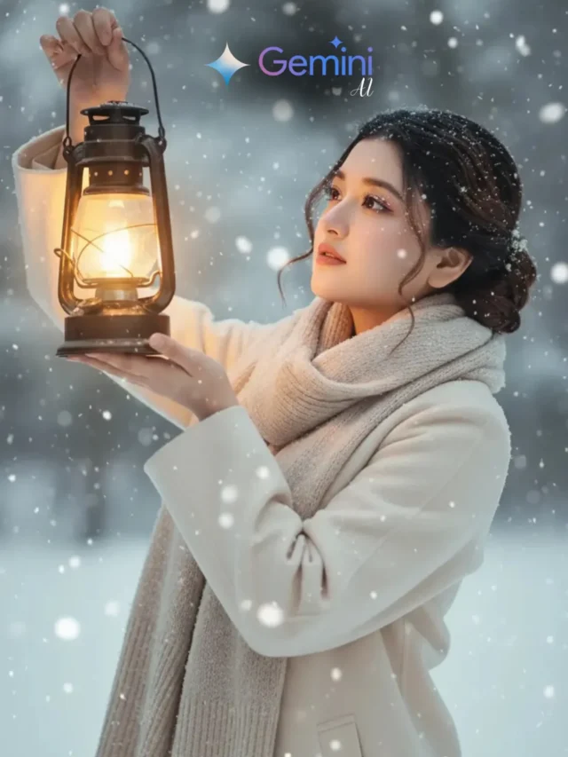 Girl holding a glowing lantern in heavy snowfall, generated using Gemini AI winter snow prompts for girls