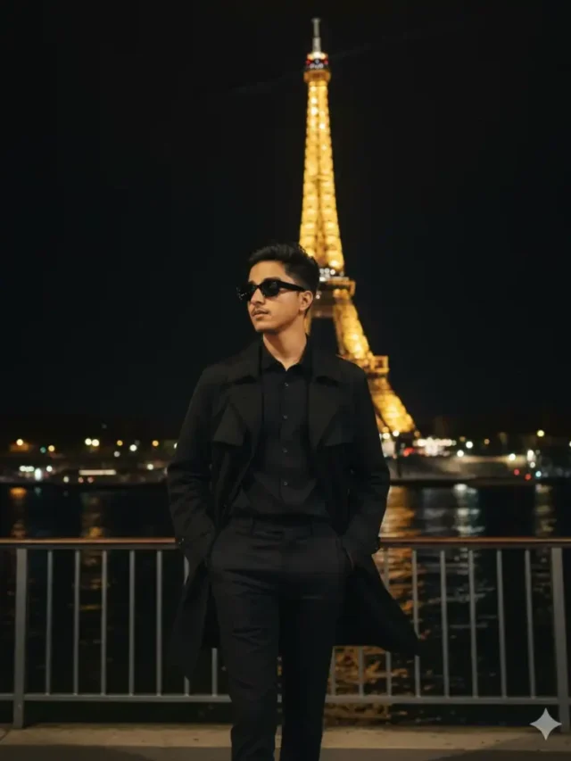 Google Gemini Cinematic Night Travel Portrait AI Photo Prompt full body night travel portrait near Eiffel Tower