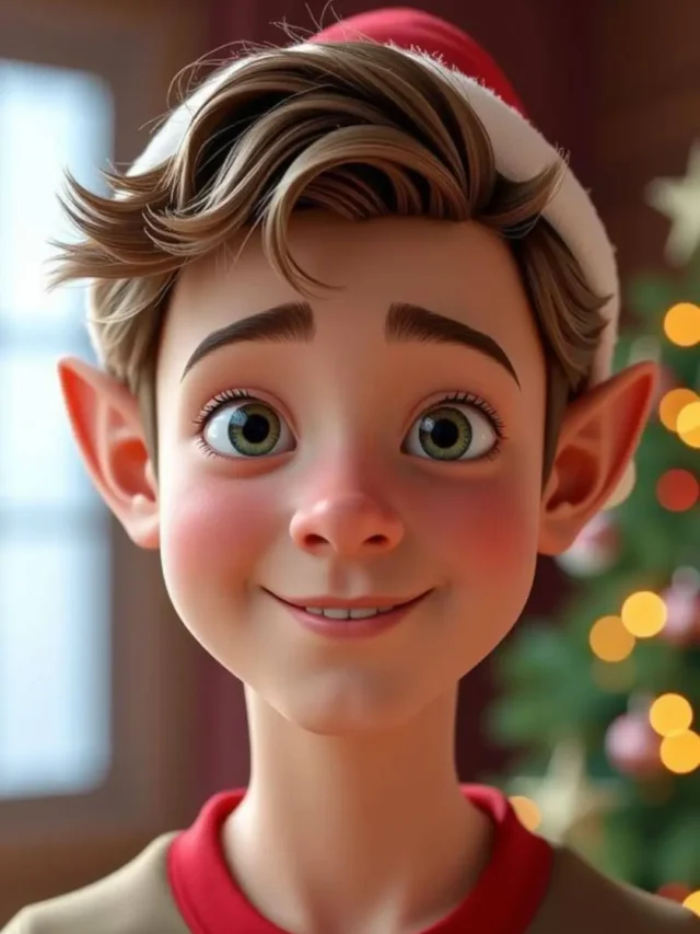 3D Christmas elf character poster with cheerful smile and festive holiday background