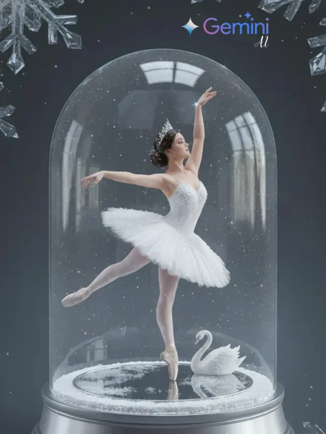 Girl in icy blue gown inside a winter fantasy crystal dome – Gemini AI Crystal Ball Photo Prompt For Girl