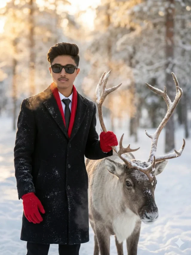Google Gemini Cinematic Winter Portrait AI Photo Prompt for Men showing soft eye contact between man and reindeer in winter forest