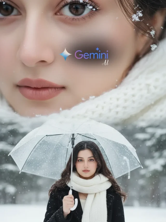 Girl in a white winter hoodie posing in snowfall; three-layer Gemini AI portrait with cinematic snowy forest background.